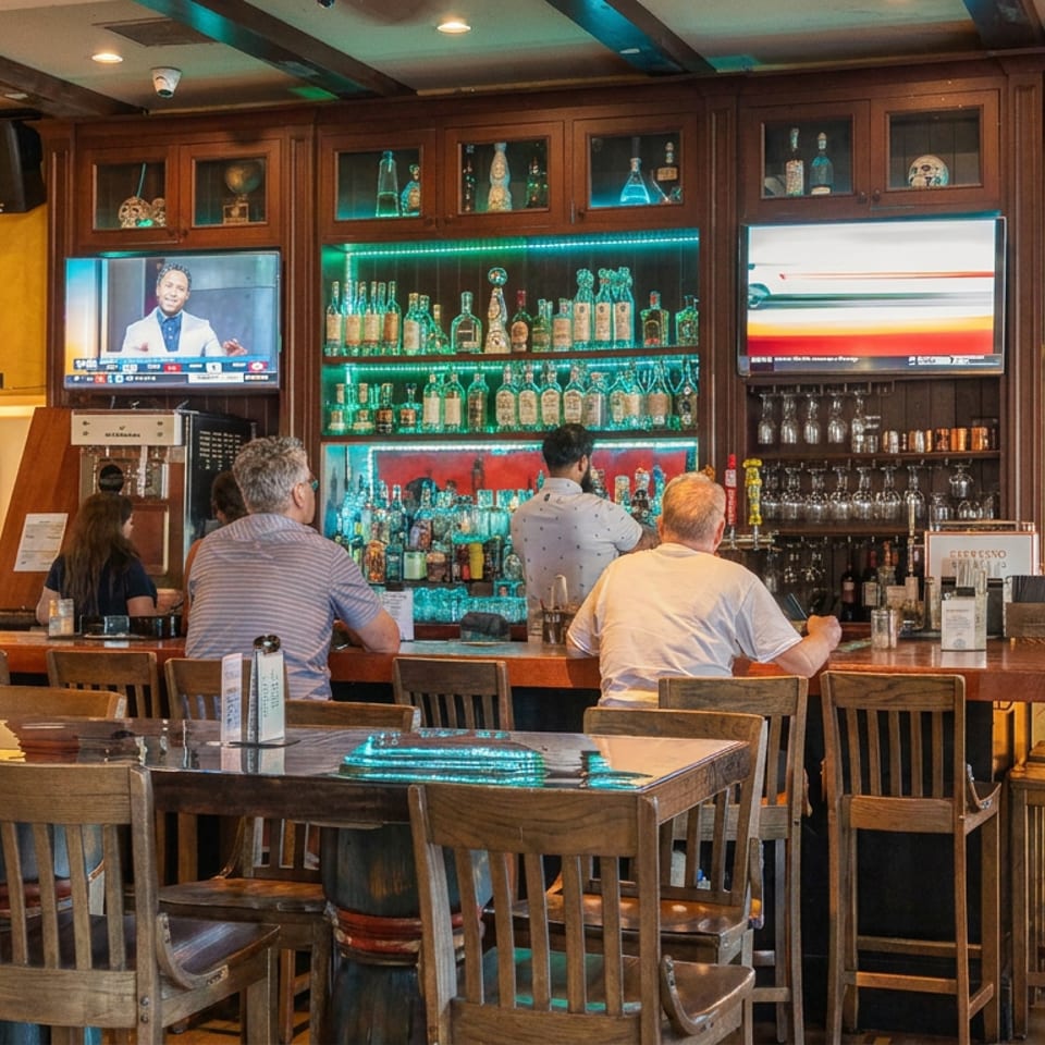 A vibrant bar with patrons, a bartender, and a well-stocked liquor shelf under green lights.