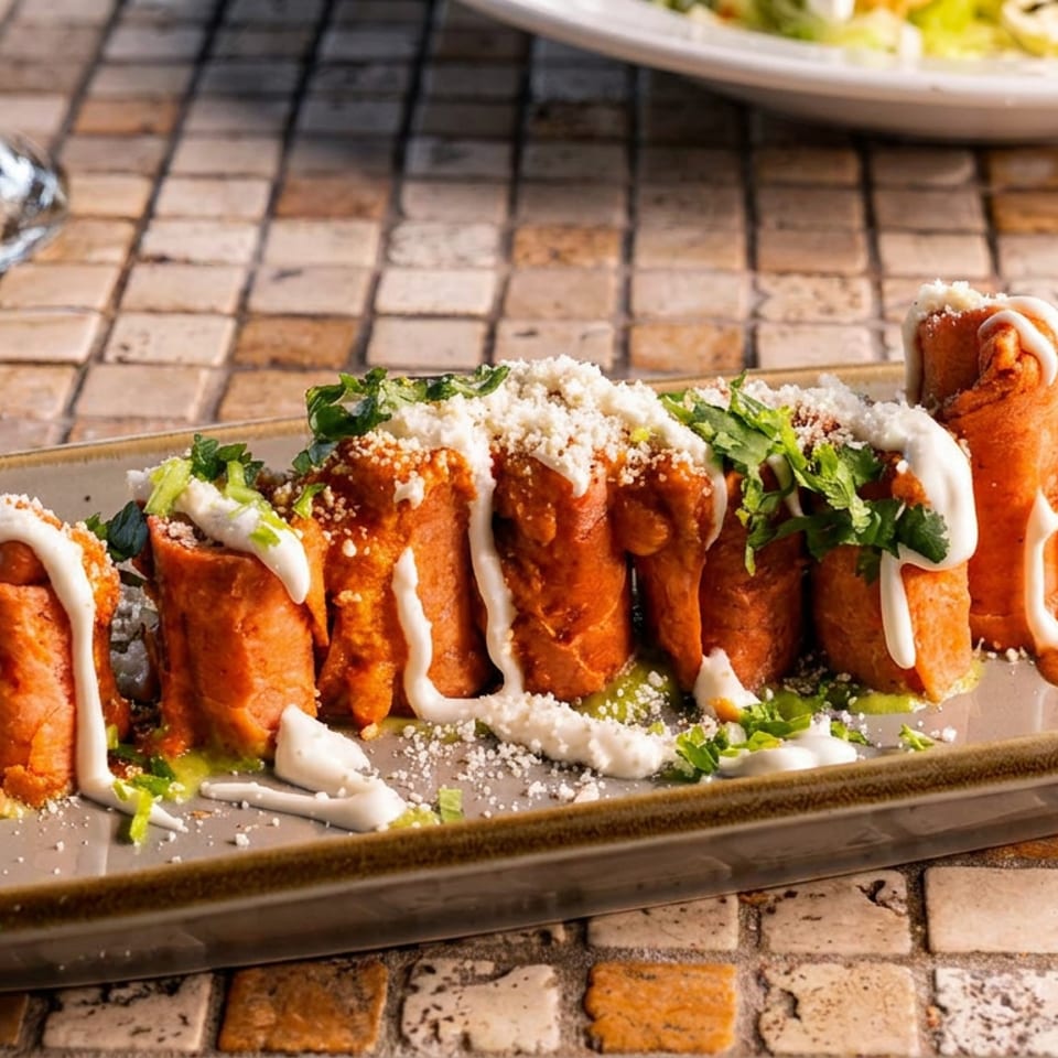 A plate of golden-brown taquitos drizzled with white sauce, green sauce, and sprinkled with cheese and herbs.